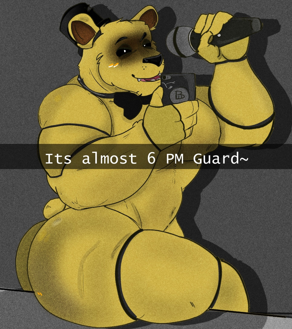 2023 4_fingers animatronic anthro bear biceps big_butt black_sclera bow_tie bubble_butt butt cafeaubandage cellphone clothing digital_drawing_(artwork) digital_media_(artwork) electronics english_text fingers five_nights_at_freddy's fur golden_freddy_(fnaf) grey_background hat headgear headwear huge_butt machine male mammal microphone mirror_selfie muscular muscular_anthro muscular_male nude open_mouth open_smile pecs phone robot scottgames segmented_arms segmented_body segmented_legs selfie short_tail simple_background sitting smartphone smile solo tail text thick_thighs top_hat white_eyes wide_hips yellow_body yellow_fur