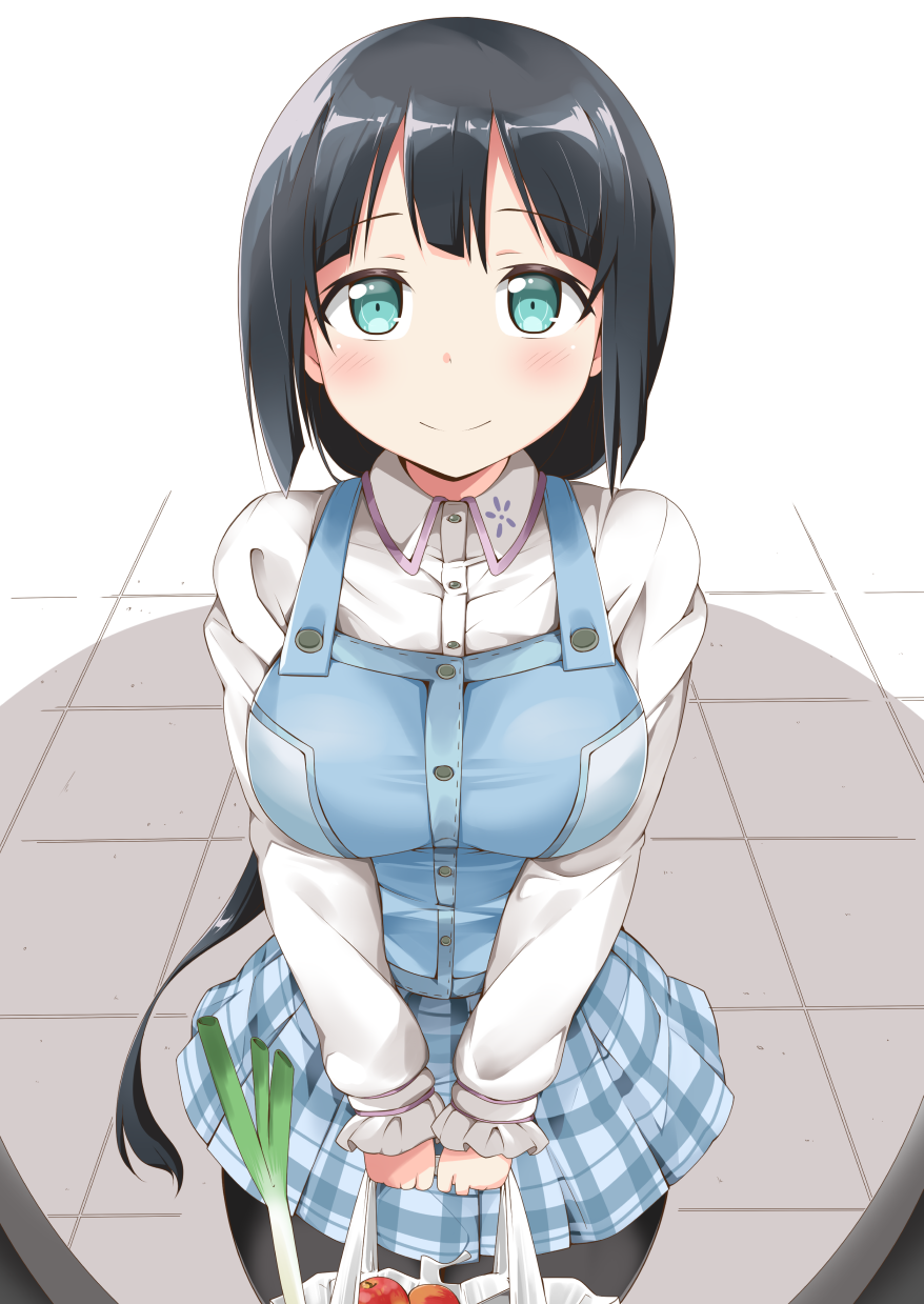 1girl apple aqua_eyes bag black_hair black_pantyhose blue_overalls blush breasts closed_mouth collared_shirt commentary_request food fruit highres holding holding_bag kanosawa large_breasts long_hair long_sleeves looking_at_viewer overall_skirt overalls pantyhose plaid plaid_skirt pleated_skirt shirt simple_background skirt smile solo spring_onion standing tile_floor tiles tougou_mimori white_shirt yuuki_yuuna_wa_yuusha_de_aru yuusha_de_aru