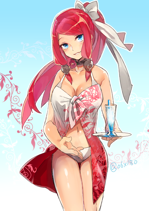bare_shoulders bikini bikini_under_clothes blazblue blue_eyes bow breasts choker cleavage cowboy_shot cup drink drinking_glass hair_bow hair_ribbon head_tilt holding hyakuhachi_(over3) large_breasts looking_at_viewer navel parted_lips ponytail red_hair ribbon sidelocks smile solo standing swimsuit swimsuit_under_clothes thigh_gap tray tsubaki_yayoi twitter_username white_bikini