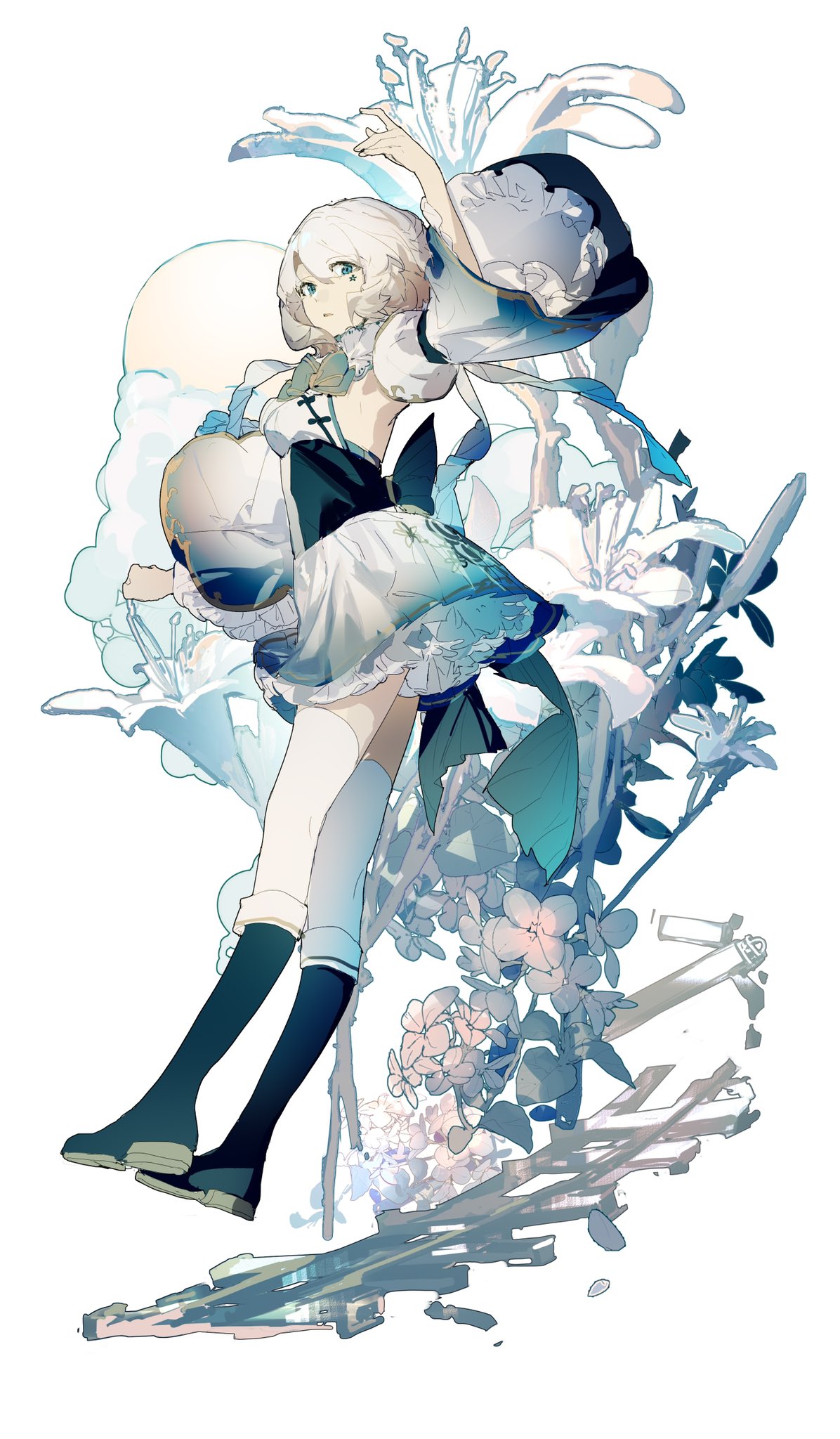 1girl arm_up black_footwear blue_bow blue_bowtie blue_eyes boots bow bowtie detached_sleeves dress flower flower_facial_mark full_body highres knee_boots lobelia_(saclia) long_sleeves looking_at_viewer midair original oversized_flower parted_lips petticoat short_hair simple_background solo thighhighs white_background white_dress white_flower white_hair white_sleeves white_thighhighs