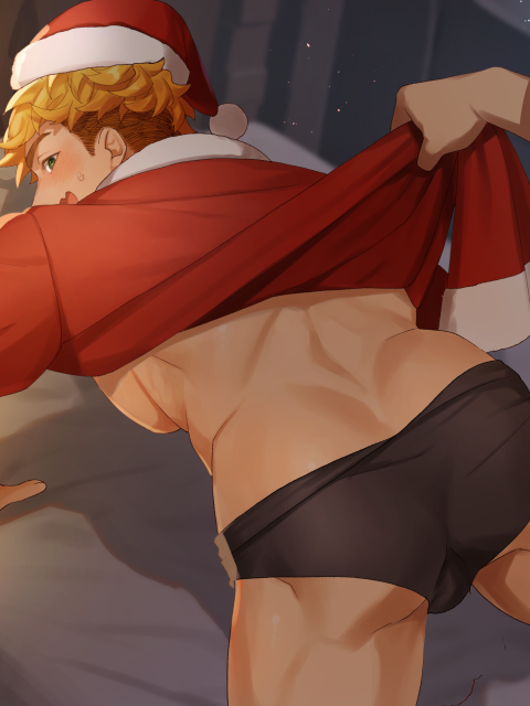 2boys ass bara bare_pectorals bed black_male_underwear blonde_hair granblue_fantasy green_eyes hat jacket large_pectorals lifting_another's_clothes male_focus male_underwear multiple_boys muscular muscular_male on_bed open_clothes open_jacket open_mouth pectorals red_jacket santa_costume santa_hat satoimo_sanda short_hair sidepec smile solo_focus undercut underwear vane_(granblue_fantasy) yaoi