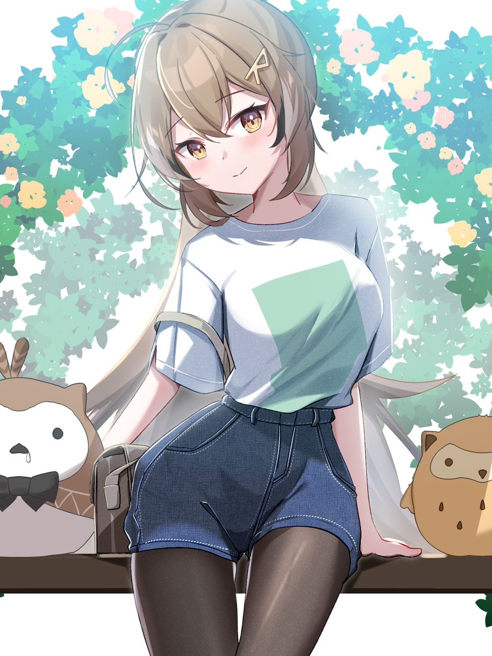 1girl ahoge alphaart alternate_costume arch bag black_pantyhose brown_eyes brown_hair casual crossed_bangs denim denim_shorts double-parted_bangs drooling feathers floral_arch hair_ornament hairclip handbag highres hololive hololive_english hooman_(nanashi_mumei) hootsie_(nanashi_mumei) long_hair looking_at_viewer nanashi_mumei pantyhose ponytail print_shirt railing shirt shirt_tucked_in shorts smile t-shirt very_long_hair virtual_youtuber white_shirt wide_hips