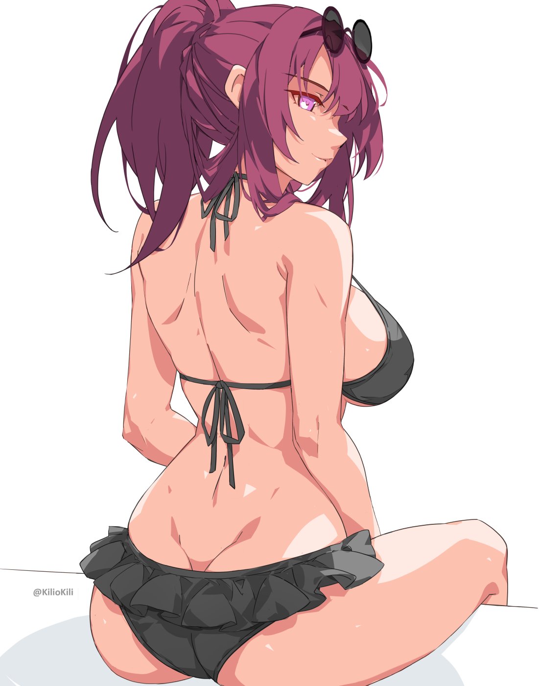 1girl ass bikini bikini_skirt black_bikini breasts butt_crack eyewear_on_head frilled_bikini frills highres honkai:_star_rail honkai_(series) kafka_(honkai:_star_rail) kili_kilio large_breasts long_hair looking_at_viewer looking_back purple_eyes purple_hair sitting smile solo swimsuit