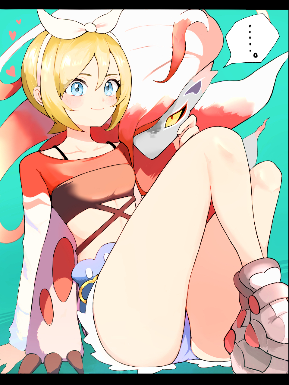 ... 1girl animal_ears blonde_hair blue_eyes claws collarbone colored_sclera denim denim_shorts fox_ears grey_footwear ha01ru28 highres hisuian_zoroark irida_(pokemon) irida_(special_costume)_(pokemon) letterboxed looking_at_viewer midriff navel official_alternate_costume pokemon pokemon_(creature) pokemon_masters_ex short_hair shorts sitting tank_top yellow_sclera