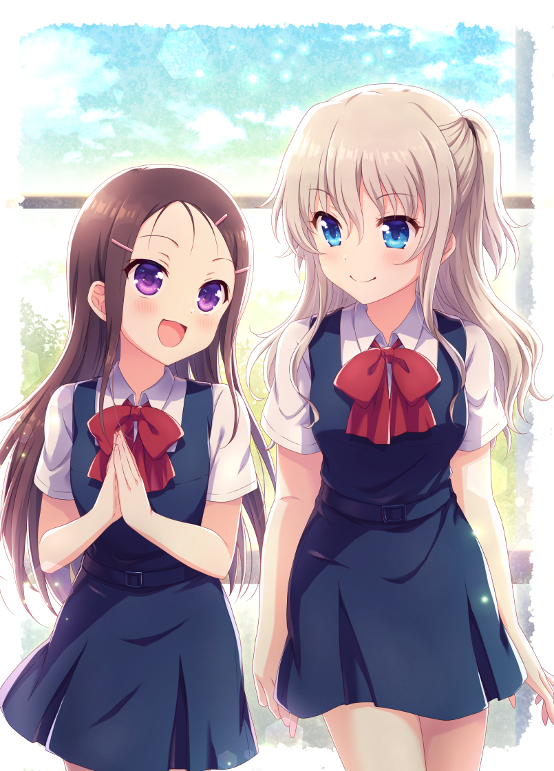 2girls :d alternate_costume arms_at_sides black_dress blue_eyes blush border bow brown_hair charlotte_(anime) closed_mouth collared_shirt commentary_request commission cowboy_shot day dress eye_contact eyes_visible_through_hair grey_hair hair_between_eyes hair_ornament hairclip half_updo hands_up happy kousetsu light_particles long_hair looking_at_another multiple_girls open_mouth otosaka_ayumi own_hands_clasped own_hands_together parted_bangs pinafore_dress purple_eyes red_bow school_uniform shirt short_ponytail short_sleeves side-by-side sidelocks skeb_commission sleeveless sleeveless_dress smile split_mouth straight_hair tomori_nao wavy_hair white_border white_shirt