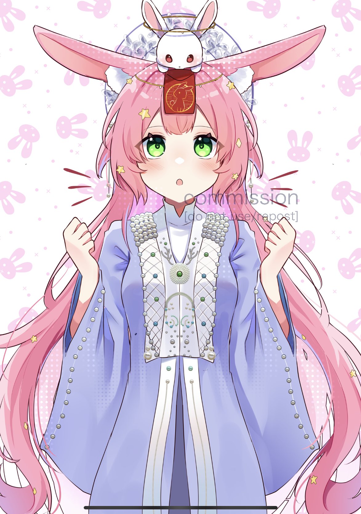 animal_ears ao_nhat_binh commission dreamy_etude green_eyes hair_ornament highres indie_virtual_youtuber kyooami light_blush long_hair looking_up pink_hair rabbit rabbit_background rabbit_ears rabbit_symbol red_eyes star_(symbol) star_hair_ornament vietnamese_clothes vietnamese_dress virtual_youtuber