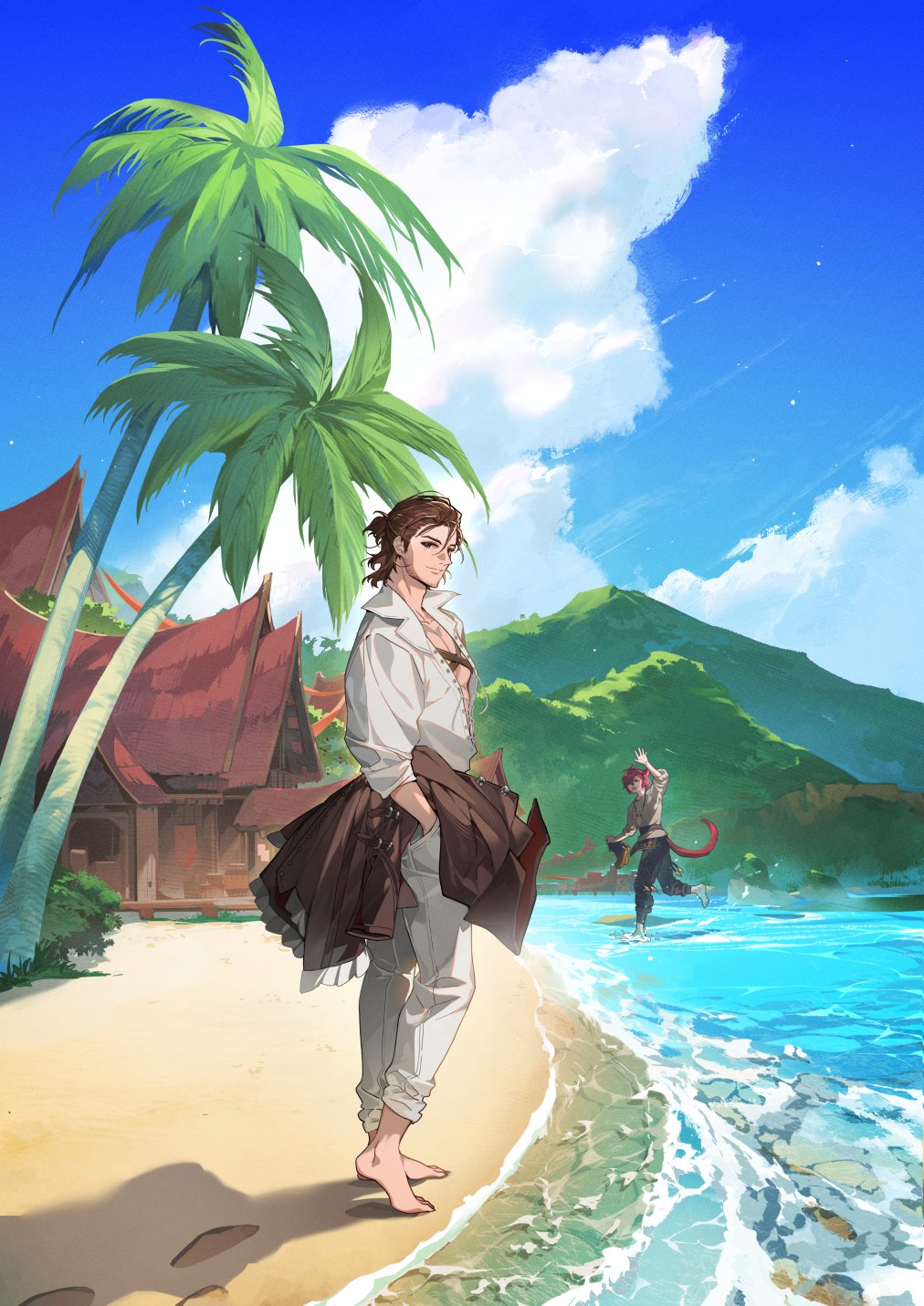 2boys adventurer_(ff14) animal_ears arm_up barefoot beach black_pants blue_sky boots brown_hair brown_shirt building cat_boy cat_ears cat_tail cloud collared_shirt commentary day english_commentary final_fantasy final_fantasy_xiv footprints from_side g'raha_tia hair_bun highres holding holding_boots holding_clothes holding_footwear holding_jacket hyur jacket lirica looking_at_viewer male_focus miqo'te mountainous_horizon multiple_boys ocean outdoors palm_tree pants red_hair sand scenery shirt short_hair single_hair_bun sky smile standing summer tail tree unworn_boots unworn_jacket wading warrior_of_light_(ff14) water waving white_pants white_shirt wide_shot