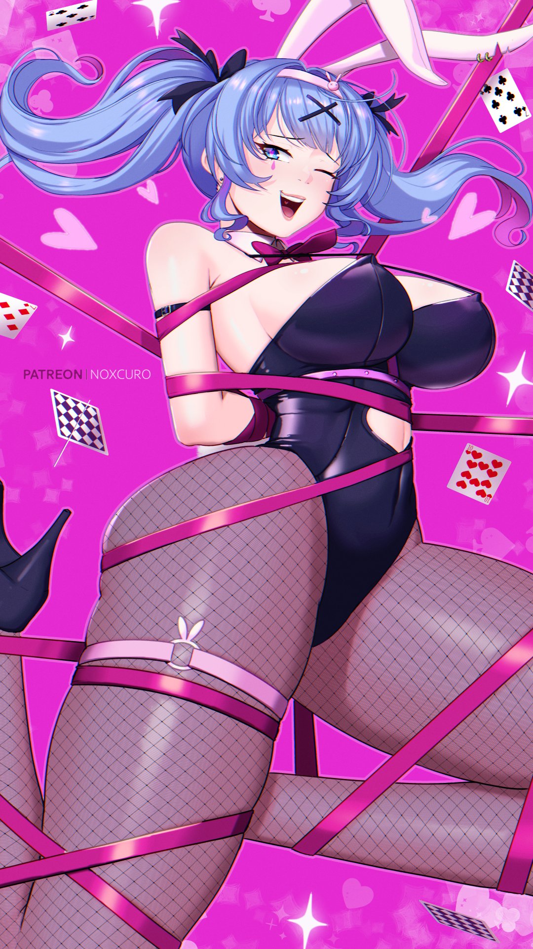 1girl animal_ears arms_behind_back bare_shoulders black_leotard black_ribbon blue_eyes blue_hair bound bow bowtie breasts card clothing_cutout club_(shape) cutout_above_navel detached_collar ear_piercing fake_animal_ears fishnet_pantyhose fishnets hair_ornament hair_ribbon hairband hatsune_miku heart heart-shaped_pupils heart_cutout heart_in_mouth high_heels highleg highleg_leotard highres large_breasts leotard long_hair looking_at_viewer necktie noxcuro o-ring o-ring_thigh_strap one_eye_closed open_mouth pantyhose piercing pink_background pink_bow pink_bowtie pink_hair pink_hairband pink_necktie pink_pupils pink_ribbon playboy_bunny playing_card rabbit_ears rabbit_hair_ornament rabbit_hole_(vocaloid) restrained ribbon solo spade_(shape) spaghetti_strap symbol-shaped_pupils teardrop_facial_mark thigh_strap tied_up_(nonsexual) twintails vocaloid x_hair_ornament