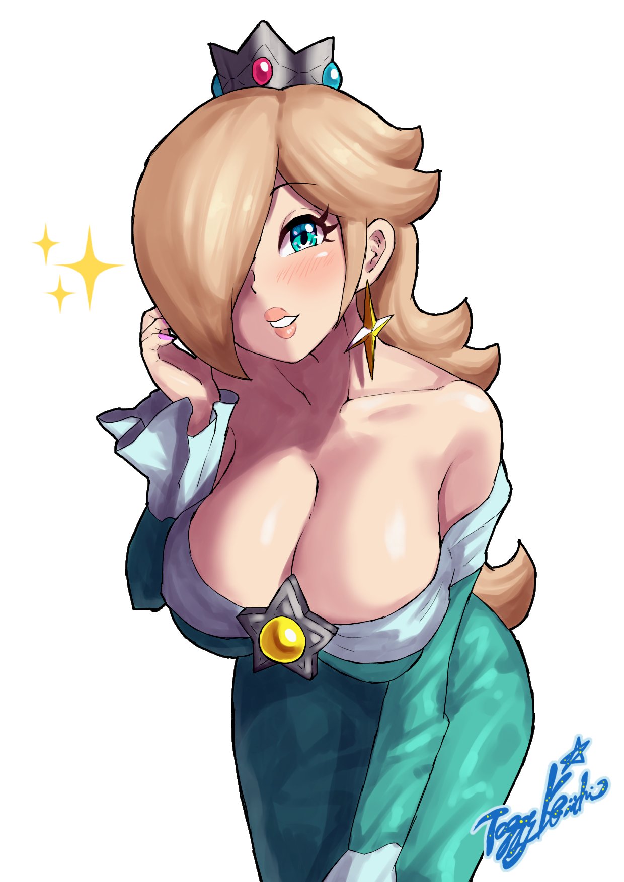 1girl bare_shoulders blonde_hair blue_dress blue_eyes breasts brooch cleavage collarbone crown dress earrings eyelashes hair_over_one_eye highres jewelry large_breasts long_bangs long_hair long_sleeves looking_at_viewer mario_(series) off-shoulder_dress off_shoulder parted_lips purple_nails rosalina signature smile solo star_(symbol) star_brooch star_earrings super_mario_galaxy toggy_keiichi white_background