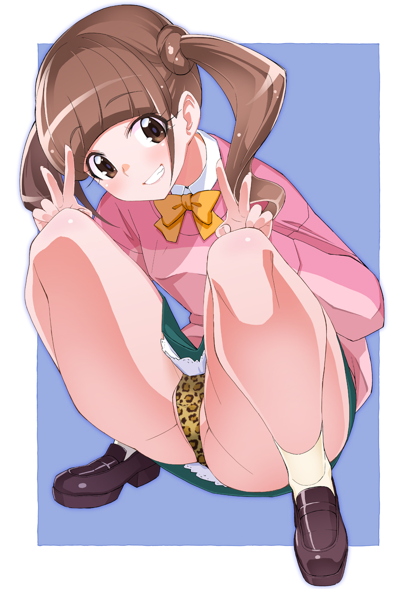 1girl bad_id bad_pixiv_id black_skirt blue_background bow bowtie brown_eyes brown_footwear brown_hair double_v dress_shirt full_body grin healin'_good_precure highres hiramitsu_hinata leaning_forward loafers long_sleeves looking_at_viewer medium_hair miniskirt miyagoe_yoshitsuki orange_bow orange_bowtie pink_sweater precure school_uniform shirt shoes skirt smile socks solo squatting sweater twintails v white_shirt white_socks