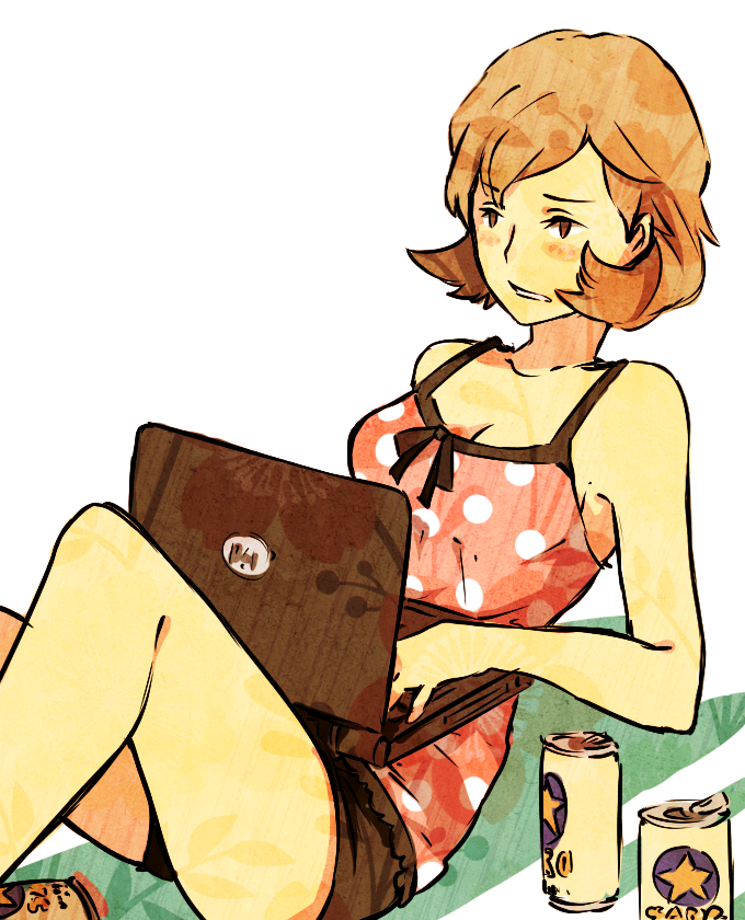 1girl ai-wa bare_legs bare_shoulders beer_can black_shorts blush breasts brown_eyes brown_hair can collarbone computer drink_can feet_out_of_frame laptop leaning_back medium_breasts on_ground persona persona_3 pink_shirt shirt short_hair short_shorts shorts simple_background sitting sleeveless sleeveless_shirt solo toriumi_isako white_background