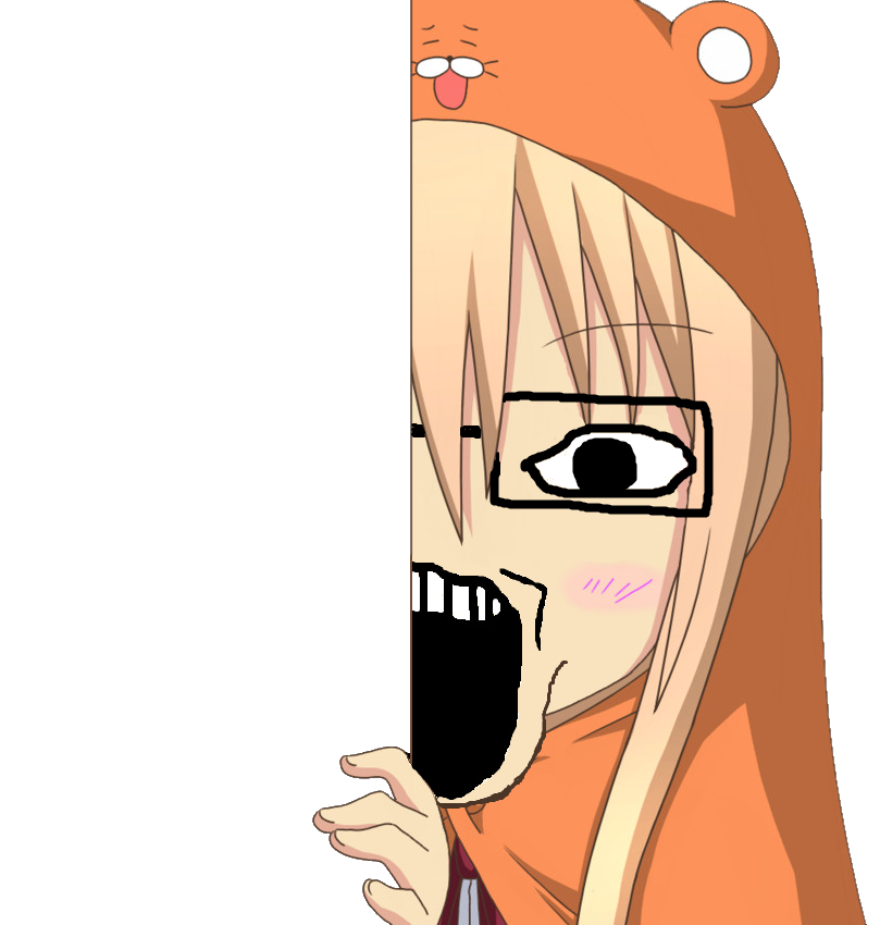 1girl animal_hood black-framed_eyewear black_eyes blonde_hair blush clothes gem glasses himouto!_umaru-chan hood hood_up looking_at_viewer non-web_source open_mouth portrait solo soyjak teeth third-party_edit transparent_background upper_teeth_only