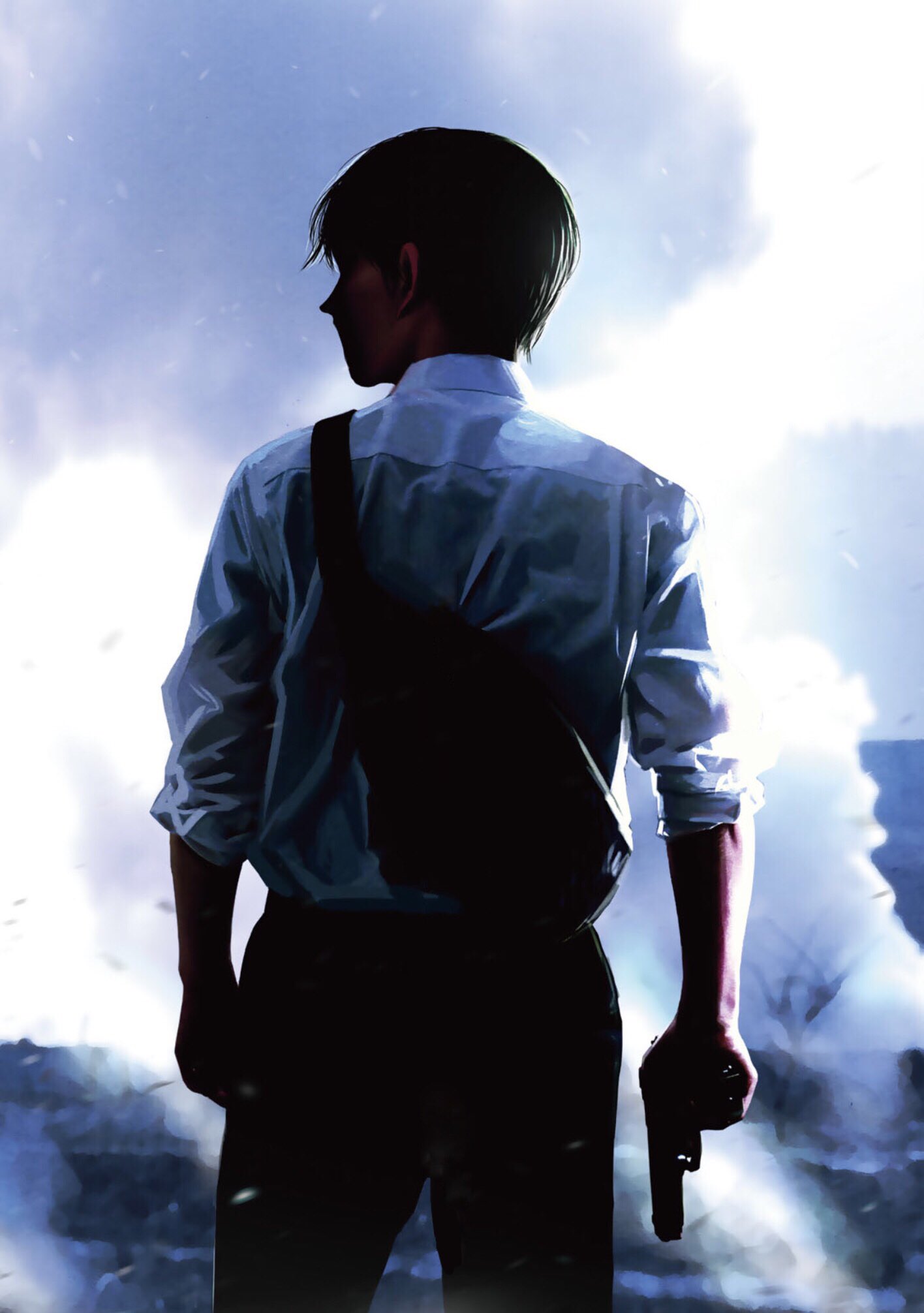 1boy ajin_(sakurai_gamon) back_turned bag black_hair day gun handgun highres holding holding_gun holding_weapon looking_to_the_side male_focus nagai_kei official_art outdoors sakurai_gamon shirt shoulder_bag sleeves_rolled_up smoke smokestack weapon white_shirt