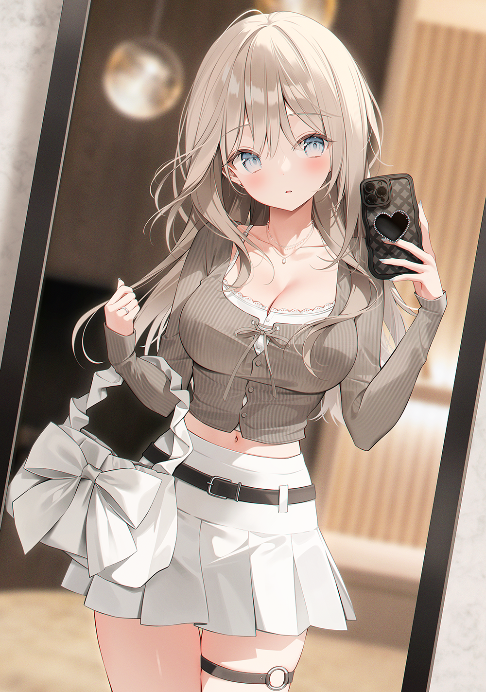 1girl bag belt black_belt blue_eyes blurry blurry_background bow breasts brown_shirt camisole cellphone cleavage cowboy_shot crop_top depth_of_field grey_eyes hair_between_eyes hand_up hands_up highres holding holding_phone jewelry large_breasts light_brown_hair long_hair long_sleeves looking_at_viewer medium_breasts midriff miniskirt mirror navel original parted_lips phone pleated_skirt ribbed_shirt ring shirt shoulder_bag skirt smartphone solo spaghetti_strap standing thigh_strap thighs undershirt weri white_bag white_bow white_hair white_shirt white_skirt