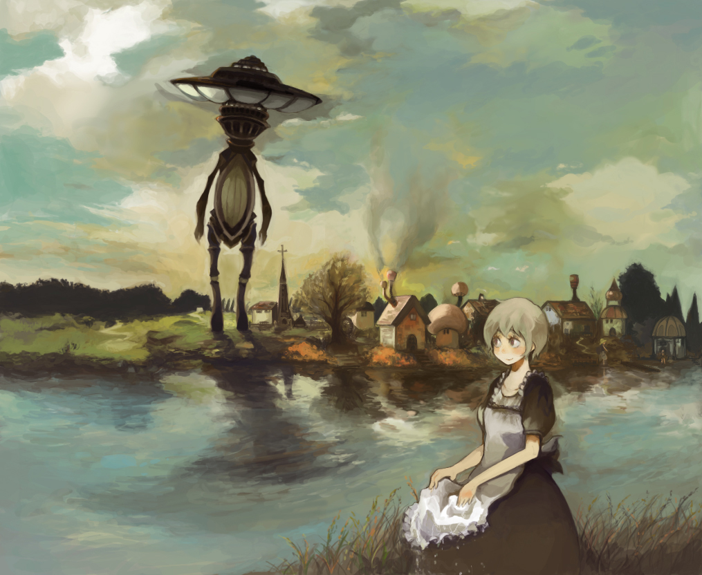 1girl 1other apron black_dress blush brown_eyes building church cloud commentary_request creature dress fantasy giant grey_hair himao maid original outdoors river scenery short_hair sky smile village water