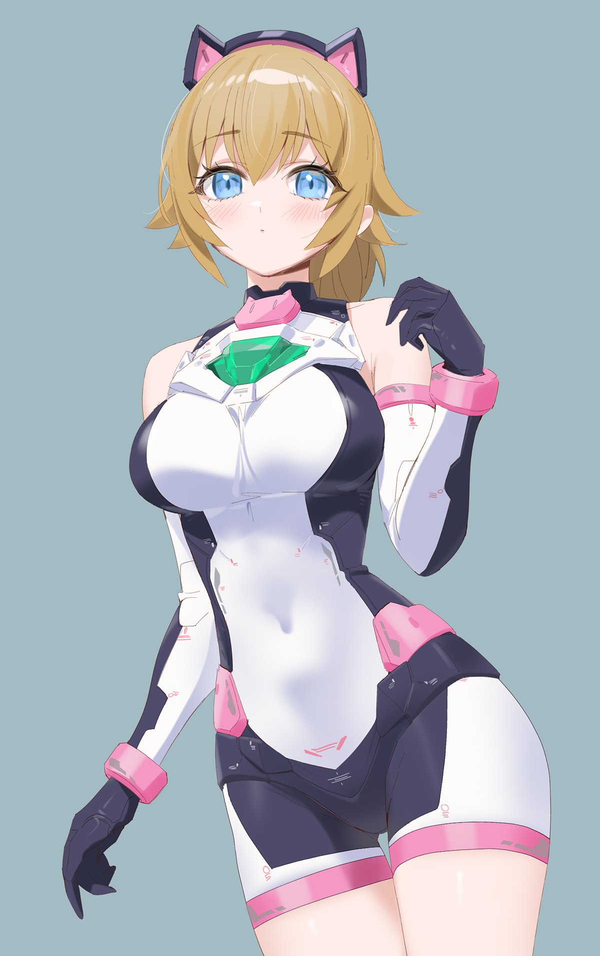 1girl animal_ears bare_shoulders blue_eyes blush breasts brown_hair cat_ears chest_jewel commentary_request covered_navel cowboy_shot elbow_gloves fake_animal_ears fumina_avatar gloves grey_background gundam gundam_build_metaverse hand_up highres hoshino_fumina large_breasts looking_at_viewer multicolored_clothes ponytail simple_background solo thigh_gap yd_(orange_maru)