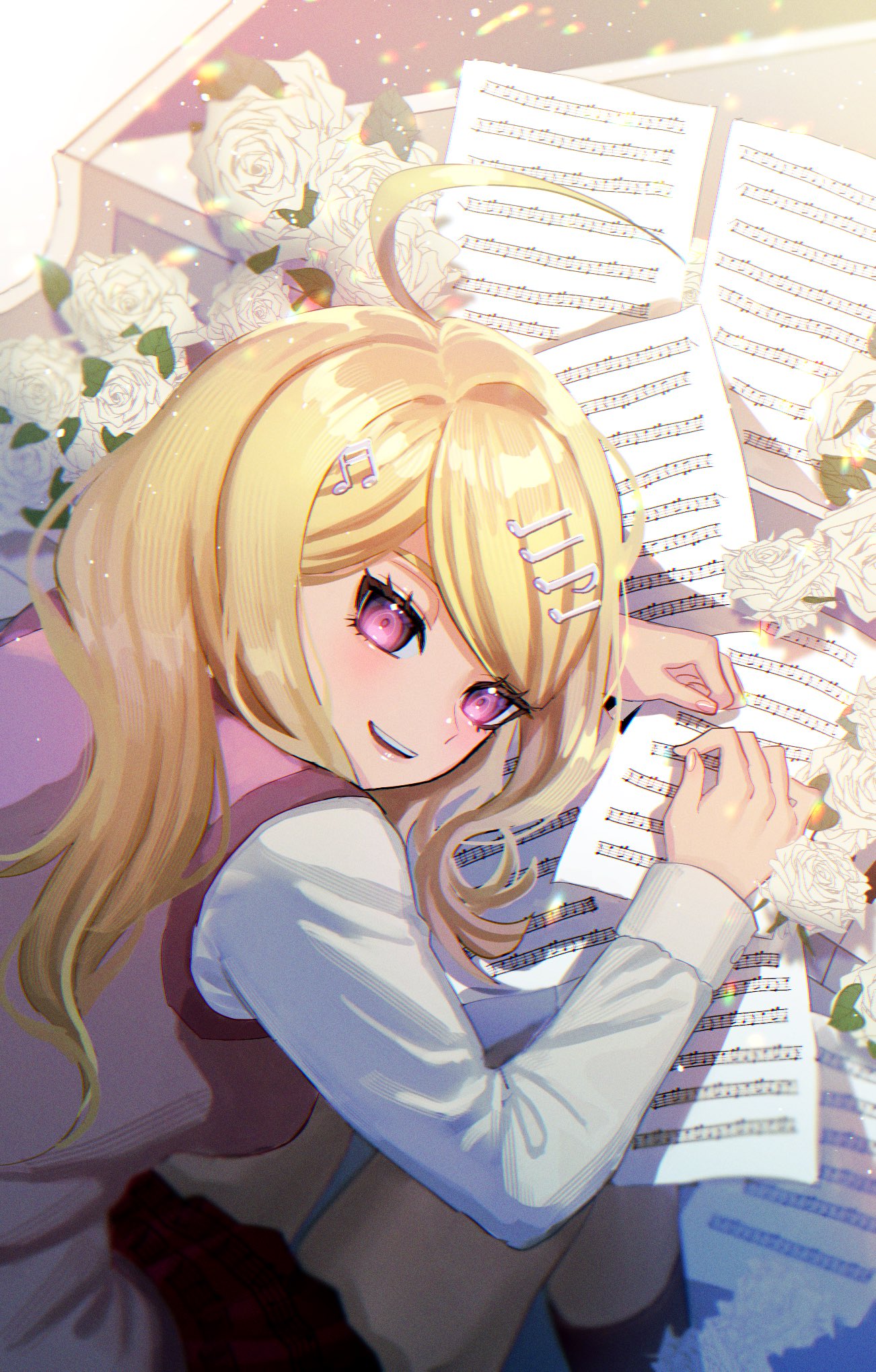 1girl :d ahoge akamatsu_kaede blonde_hair danganronpa_(series) danganronpa_v3:_killing_harmony esu_(tasoesu) flower from_above hair_ornament highres leaning_forward long_hair miniskirt musical_note musical_note_hair_ornament notes paper pink_eyes pink_sweater_vest pleated_skirt skirt smile sweater_vest teeth white_flower