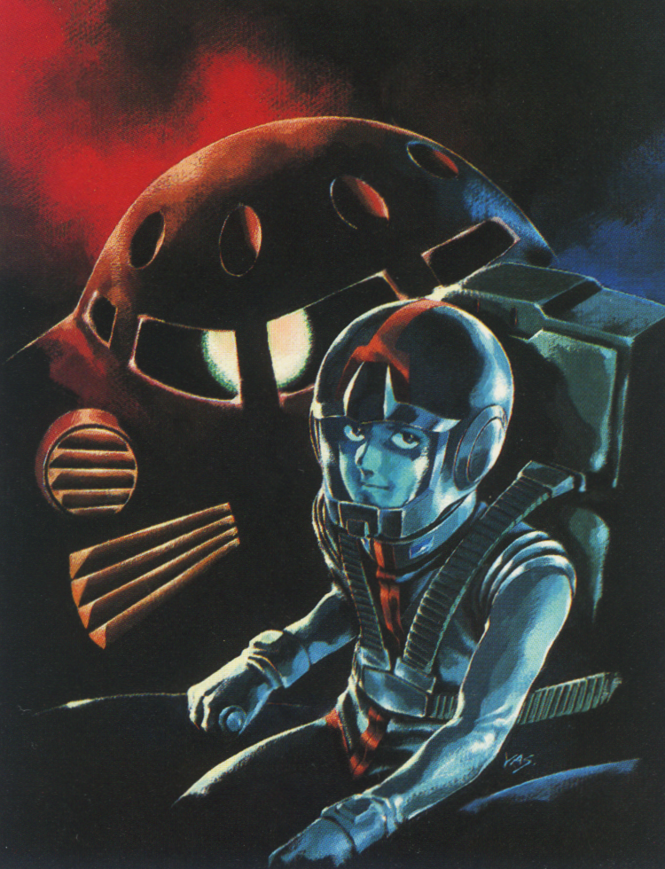 1970s_(style) 1980s_(style) 1boy amuro_ray cockpit concept_art control_stick earth_federation_space_forces gloves gundam helmet looking_at_viewer looking_up mecha mobile_suit mobile_suit_gundam official_art one-eyed painting_(medium) pilot_chair pilot_suit production_art promotional_art retro_artstyle robot rx-78-2 scan science_fiction signature sitting spacesuit traditional_media upper_body yasuhiko_yoshikazu z'gok_char_custom