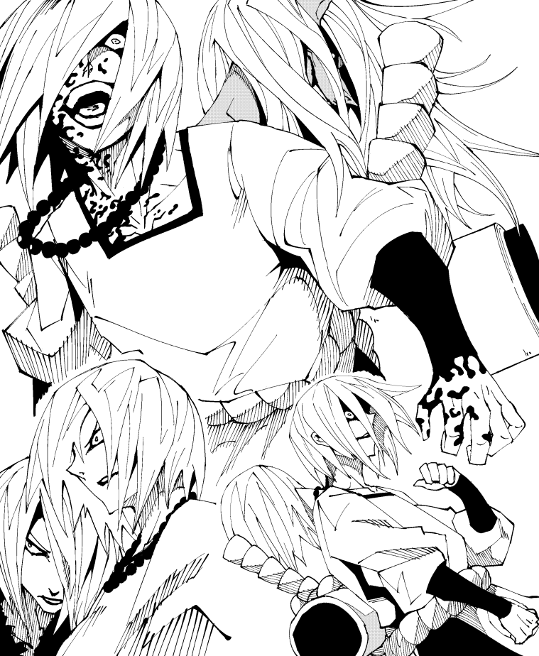 2boys brothers conjoined crazy_eyes crazy_laugh dark-skinned_male dark_skin hair_over_one_eye jewelry laughing long_hair long_sleeves male_focus metric80019 monochrome monster_boy multiple_boys multiple_heads multiple_views naruto naruto_(series) necklace ninja pearl_necklace sakon_(naruto) scroll serious shaded_face short_hair siblings snake_print twins ukon_(naruto)