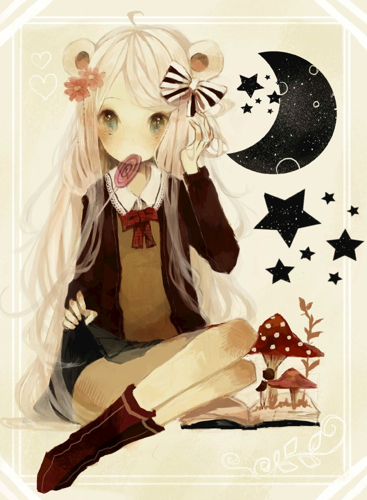 1girl ahoge animal_ears black_jacket blue_eyes book boots border bow bowtie candy clothes_lift commentary_request crescent_moon flower food full_body hair_bow hair_flower hair_ornament hand_in_own_hair jacket lollipop long_hair looking_at_viewer moon mouth_hold mushroom open_book original red_bow red_bowtie sitting skirt skirt_lift solo sprout star_(symbol) supika swirl_lollipop white_hair yokozuwari