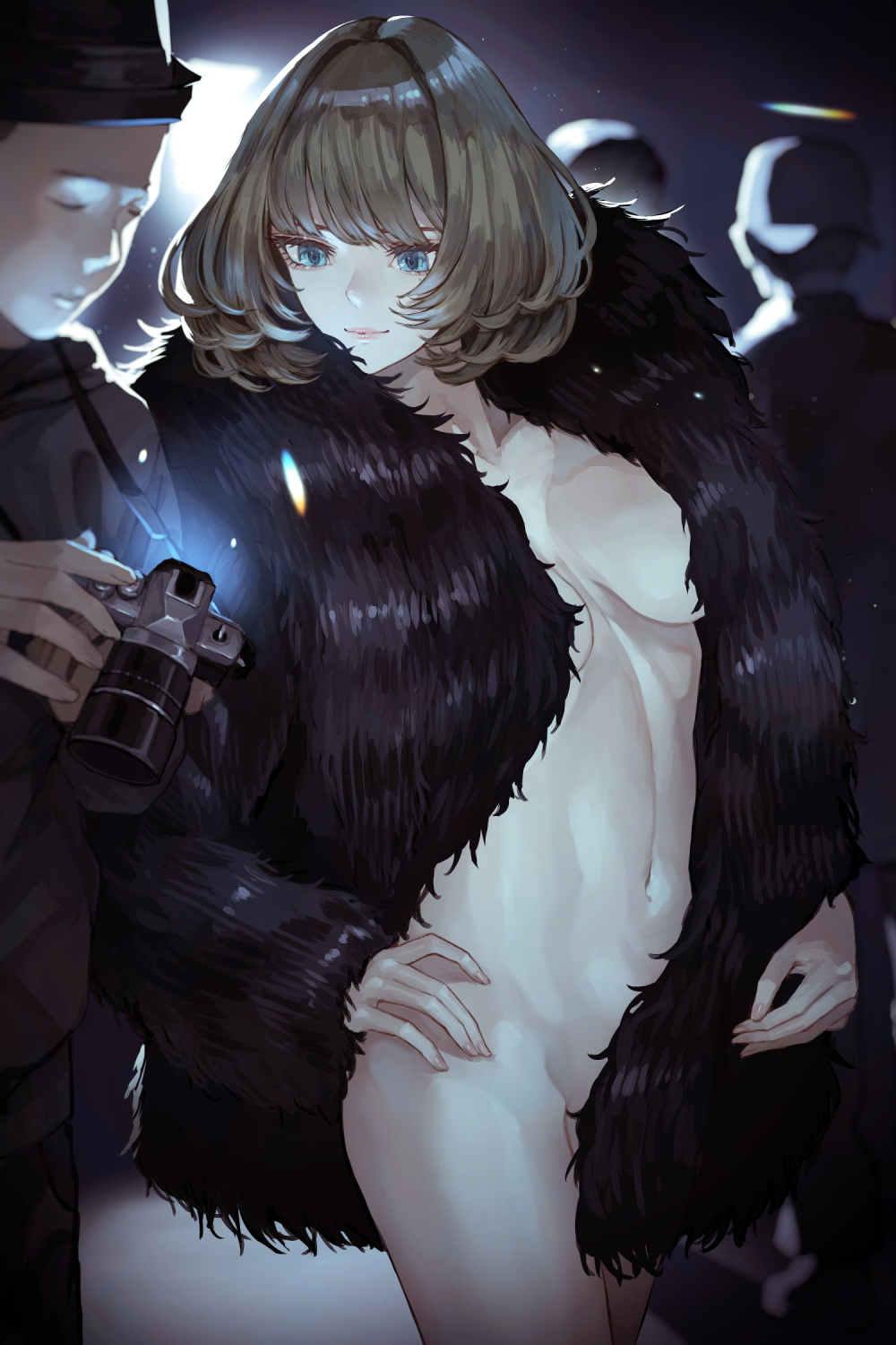 1girl 3boys blue_eyes breasts camera cleavage coat collarbone fur_coat green_eyes green_hair hat heterochromia highres holding holding_camera idolmaster idolmaster_cinderella_girls kaoming medium_breasts mole mole_under_eye multiple_boys naked_coat navel nude short_hair solo_focus takagaki_kaede thighs