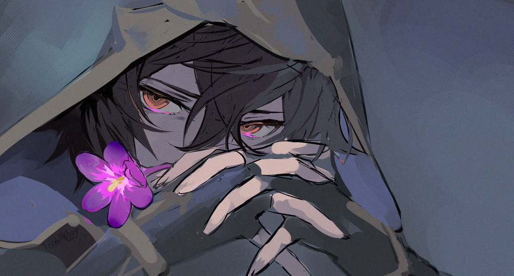 bishounen brown_hair commentary commentary_request empty_eyes fingerless_gloves flower gloves granblue_fantasy grey_background hair_between_eyes hood hood_up looking_to_the_side male_focus messy_hair osamu_(jagabata) purple_flower red_eyes sandalphon_(granblue_fantasy) shaded_face short_hair simple_background sketch