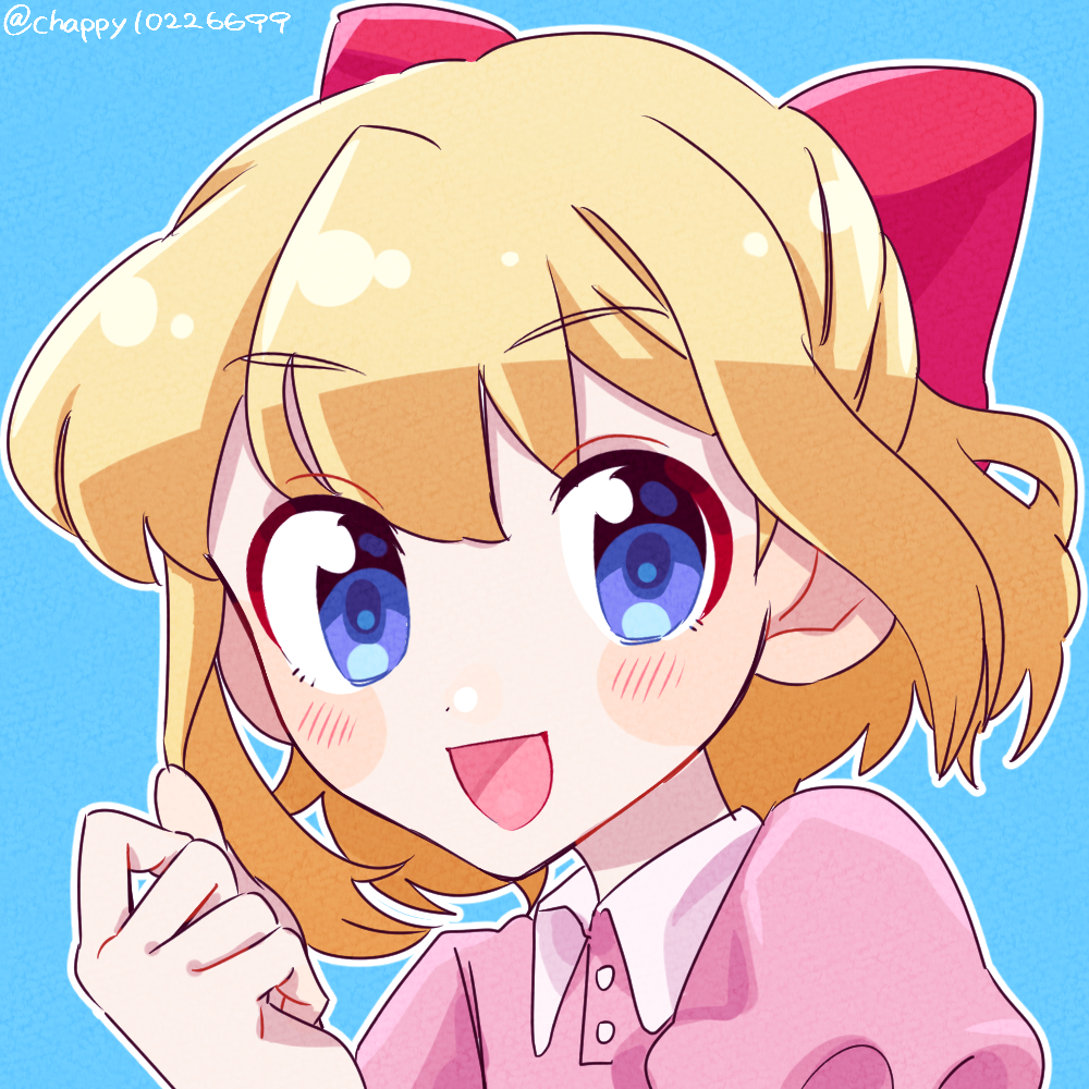 1girl artist_name blonde_hair blue_eyes bow cyappy1022 dress hair_between_eyes hair_bow happy long_bangs mother_(game) mother_2 open_mouth paula_(mother_2) pink_dress short_hair smile solo