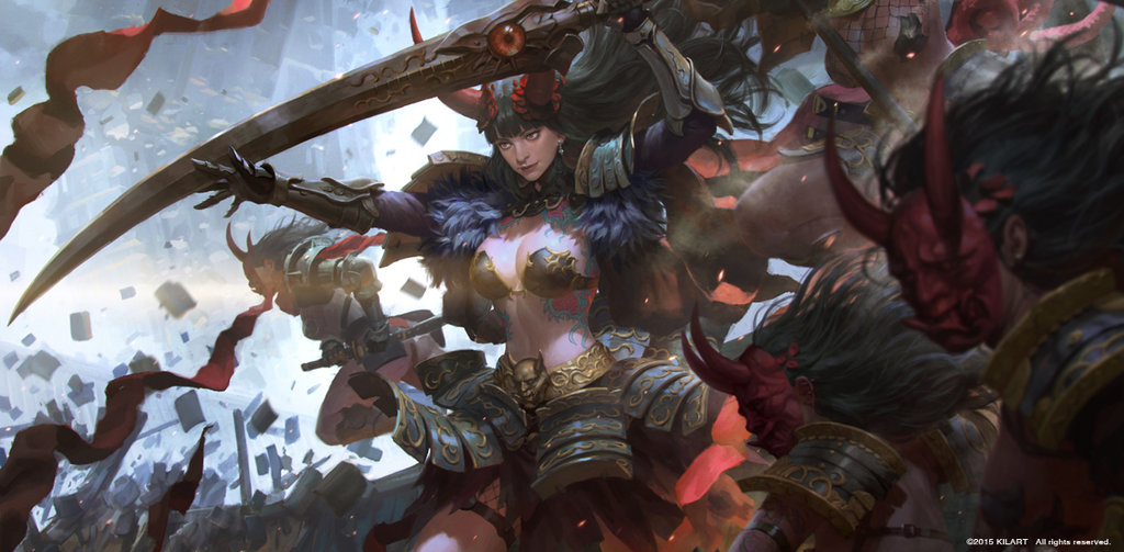 black_hair breasts cleavage downscaled earrings gauntlets gloves helmet horned_helmet japanese_armor jewelry kilart kusazuri large_breasts long_hair mask md5_mismatch multiple_girls navel oni_mask original pauldrons red_eyes resized solo_focus sword tattoo thigh_strap weapon