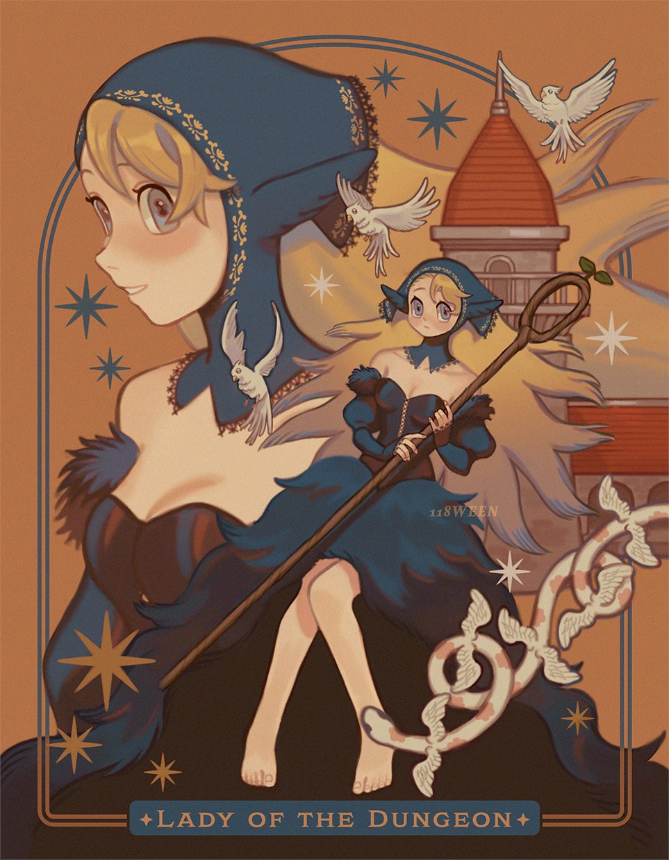 118ween 1girl bare_shoulders barefoot black_dress blonde_hair breasts detached_hood detached_sleeves dress dungeon_meshi ear_covers elf feet highres holding hood hood_up long_hair marcille_donato_(dungeon_lord) official_alternate_costume pointy_ears snake tagme winged_animal