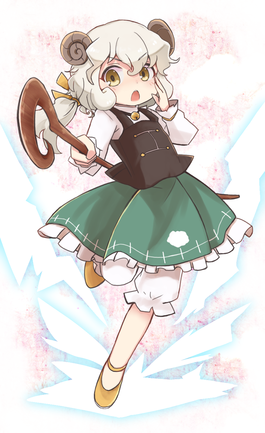 1girl bell commentary_request curled_horns frilled_skirt frills full_body gensou_shoujo_taisen green_skirt hair_ribbon hands_up highres holding horns jingle_bell light_blush light_frown long_hair long_sleeves looking_at_viewer meeko_(gensou_shoujo_taisen) open_mouth outstretched_hand ponytail ribbon sheep_girl sheep_horns shepherd shepherd's_crook shirt shorts simple_background skirt solo touhou white_hair white_shirt white_shorts yellow_eyes yellow_footwear yellow_ribbon yukinagi