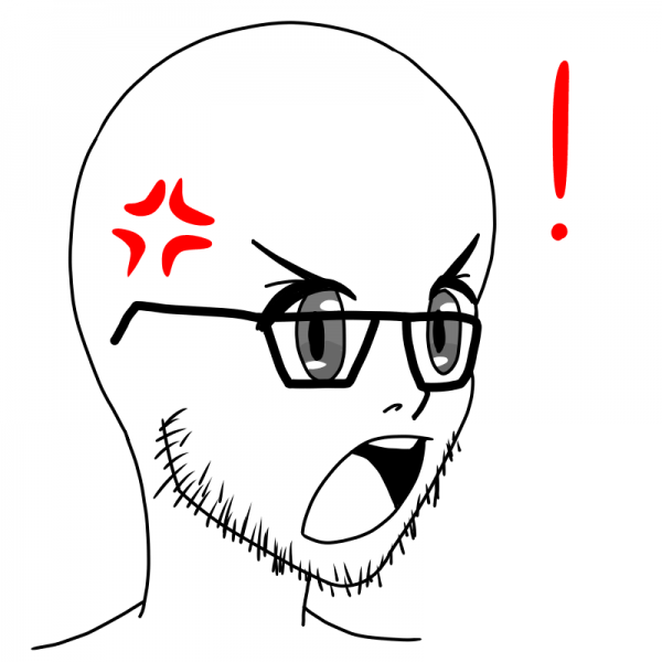 ! 1boy anger_vein angry animification facial_hair glasses greyscale looking_to_the_side male_focus monochrome non-web_source off-topic open_mouth portrait simple_background solo spot_color teeth upper_teeth_only white_background wojak