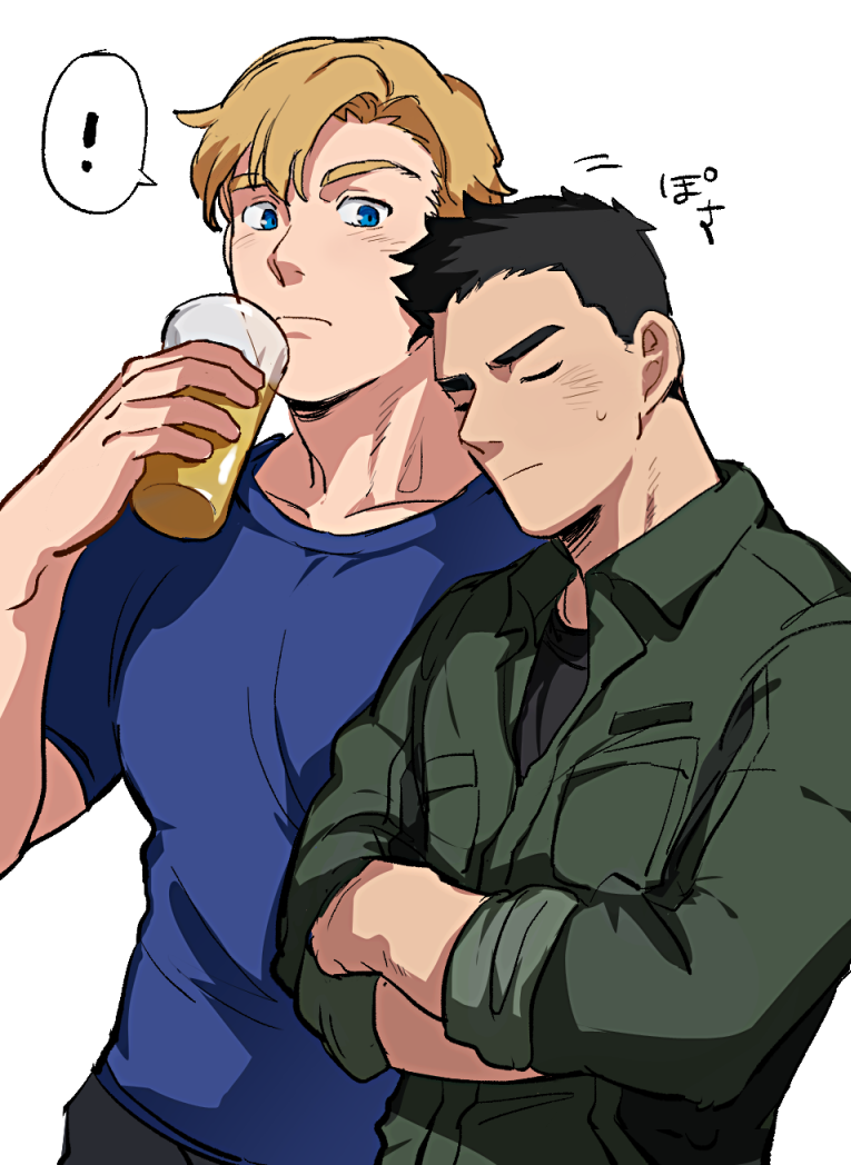 ! 2boys ao_isami black_hair blonde_hair couple crossed_arms lewis_smith light_blush male_focus mamefuku_(mamedehuku) medium_sideburns multiple_boys pectorals spoken_exclamation_mark sweatdrop thick_eyebrows upper_body yaoi yuuki_bakuhatsu_bang_bravern