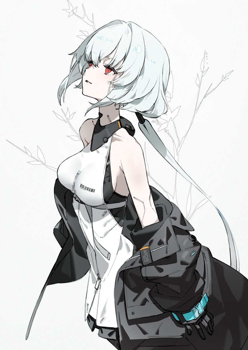 1girl android black_jacket breasts chest_belt dress highres jacket long_hair long_sleeves low_ponytail mecha neco noir_(synduality) off_shoulder open_clothes open_jacket red_eyes robot science_fiction shirt sleeveless sleeveless_dress solo synduality white_hair