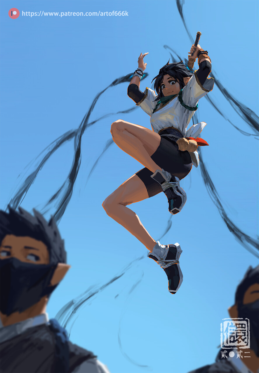 1girl 2boys arms_up backlighting black_hair black_shorts blue_sky blurry blurry_foreground closed_mouth day from_below full_body highres holding jumping kan_liu_(666k) looking_at_viewer mask mouth_mask multiple_boys original outdoors patreon_username seal_impression shirt shoes short_hair short_sleeves shorts signature sky sleeves_past_elbows smile sneakers white_shirt