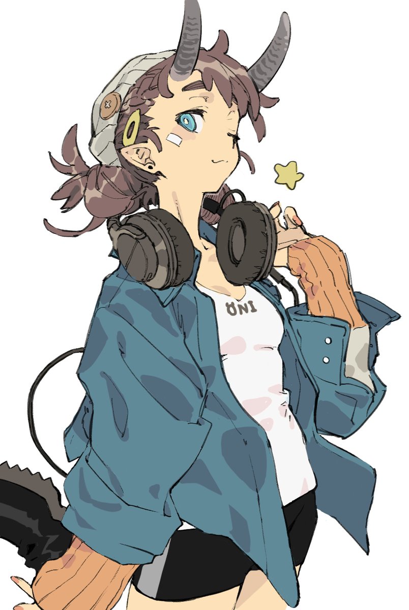 1girl :3 bandaid bandaid_on_face beanie black_shorts blue_eyes blue_jacket braid bright_pupils brown_hair character_request check_copyright closed_mouth copyright_request cowboy_shot fingernails hat headphones headphones_around_neck highres horns jacket long_fingernails looking_at_viewer one_eye_closed original pink_nails pointy_ears sasami_(ki) shirt short-sleeved_jacket short_sleeves shorts simple_background solo star_(symbol) white_background white_shirt