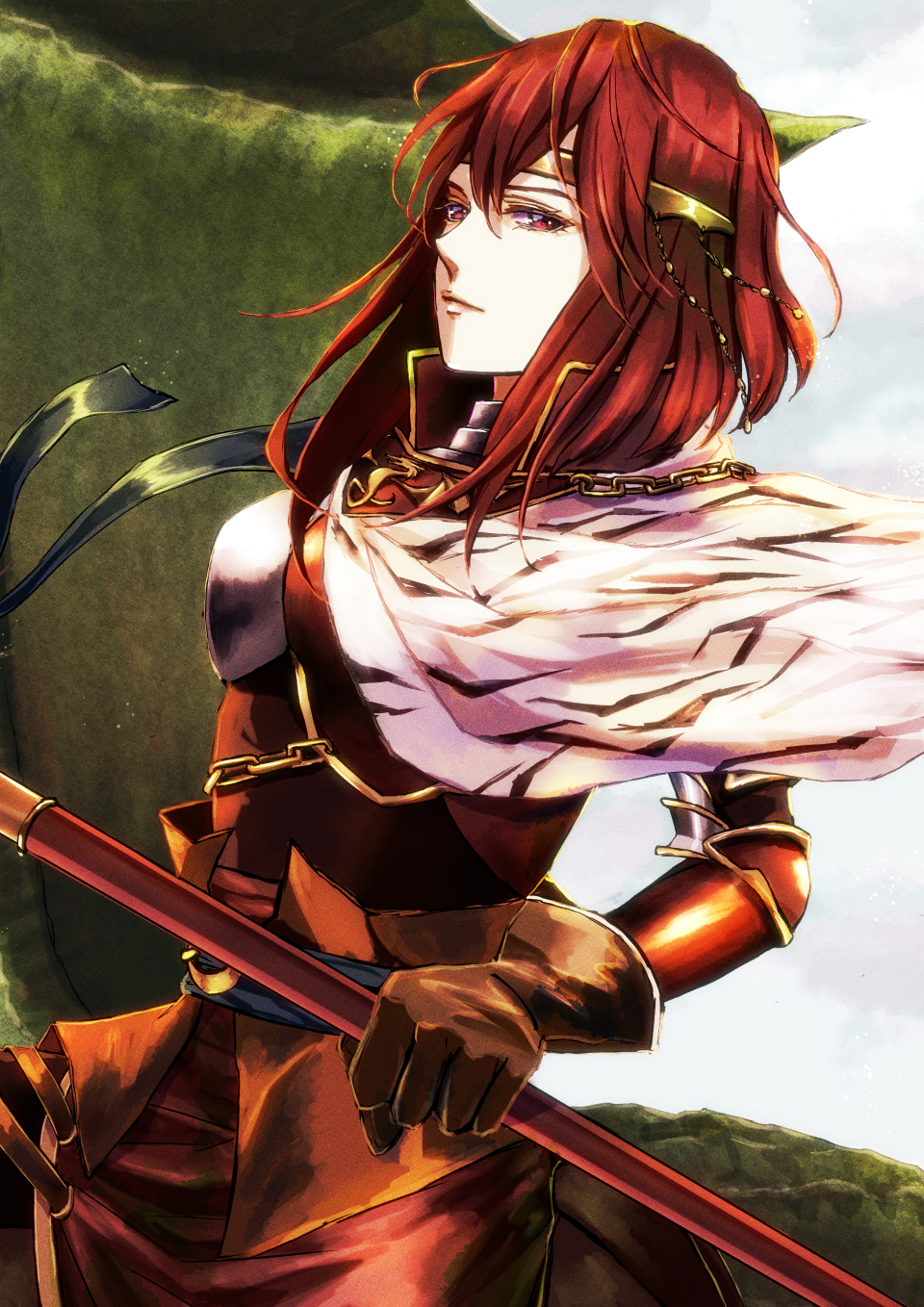 1girl armor circlet closed_mouth cowboy_shot dragon fire_emblem fire_emblem:_mystery_of_the_emblem gloves highres holding holding_polearm holding_weapon looking_at_viewer minerva_(fire_emblem) polearm red_eyes red_hair short_hair solo weapon wyvern yori_ilrosso