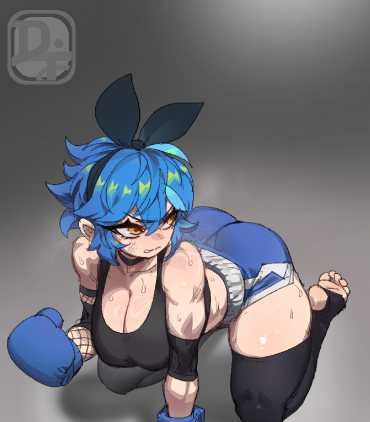 1girl ahoge all_fours aqua_hair ass bare_shoulders black_background black_bow black_choker black_hairband black_sports_bra blue_hair blue_pants blush bow boxing_gloves boxing_shorts breasts choker cleavage collarbone defeat dif_(difman) difman dyed_ahoge elbow_gloves exhausted feet frustrated gloves gradient_background grey_background hairband hanging_breasts large_breasts long_eyelashes looking_back midriff multicolored_hair nose_blush original pants plump shorts single_elbow_glove soles solo sports_bra spotlight sweat thick_thighs thighs toes two-tone_hair white_trim yellow_eyes