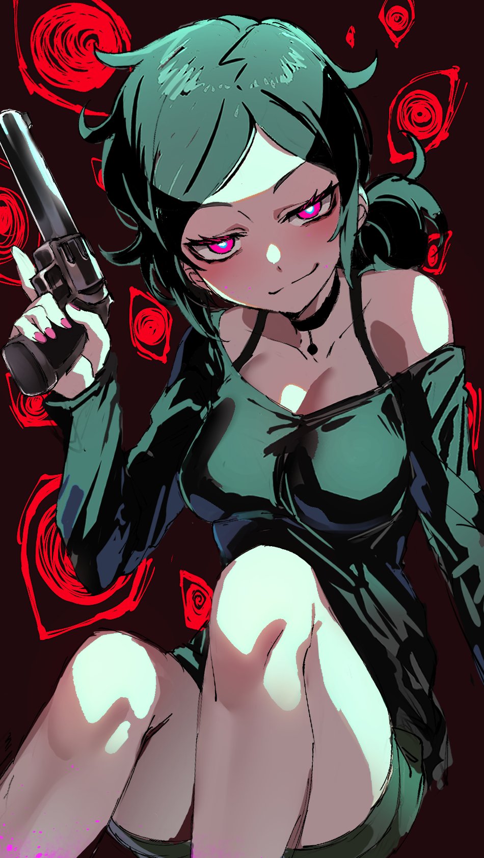 1girl ashley_graves bare_shoulders black_choker black_hair blush breasts bright_pupils choker cleavage eye_print green_shirt green_shorts gun hal-bard handgun highres holding holding_gun holding_weapon looking_at_viewer off_shoulder pink_eyes pink_nails print_background shirt short_shorts shorts sitting smirk solo the_coffin_of_andy_and_leyley weapon white_pupils