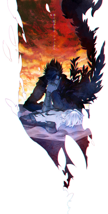 2boys armor belial_(granblue_fantasy) black_feathers black_shirt brown_hair coffin dusk feathers gauntlets gradient_sky granblue_fantasy hair_between_eyes holding_hands kiss kissing_hand lucilius_(granblue_fantasy) lying male_focus messy_hair multiple_boys orange_sky red_sky shirt short_hair shoulder_armor silhouette sky sky_kbuc spoilers topless_male translation_request tree white_background white_feathers white_hair yaoi