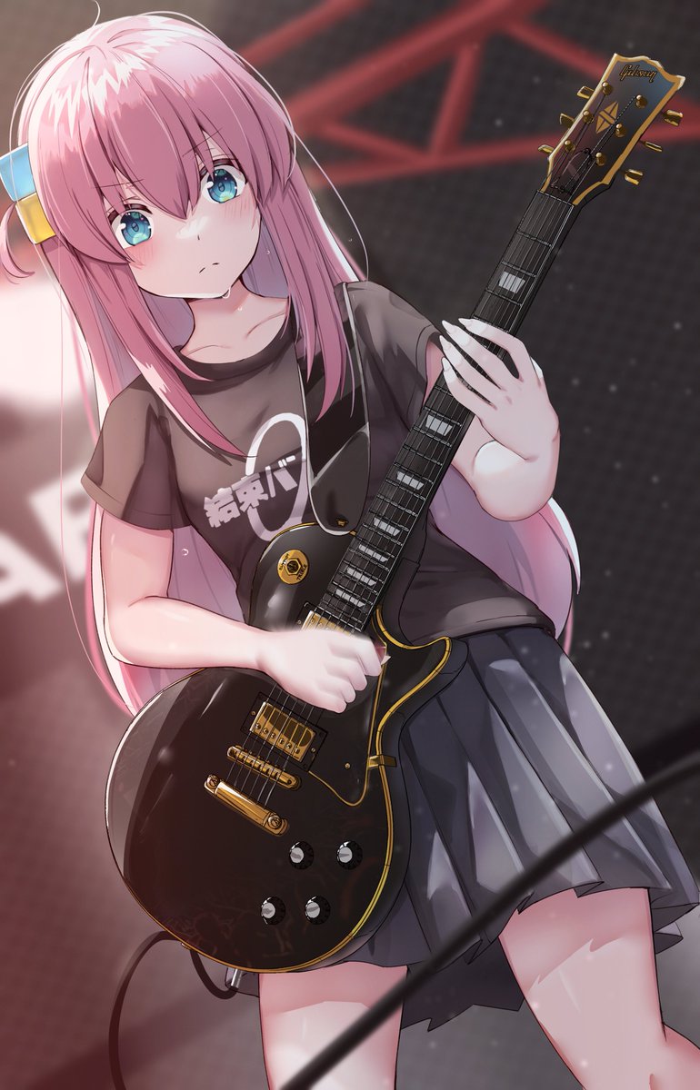 1girl black_skirt blue_eyes bocchi_the_rock! breasts commentary_request cowboy_shot cube_hair_ornament dutch_angle electric_guitar frown gotoh_hitori guitar hair_ornament highres holding holding_guitar holding_instrument instrument miniskirt music one_side_up pink_hair playing_instrument pleated_skirt shirt skirt small_breasts solo stage sweatdrop t-shirt v-shaped_eyebrows yami_anko