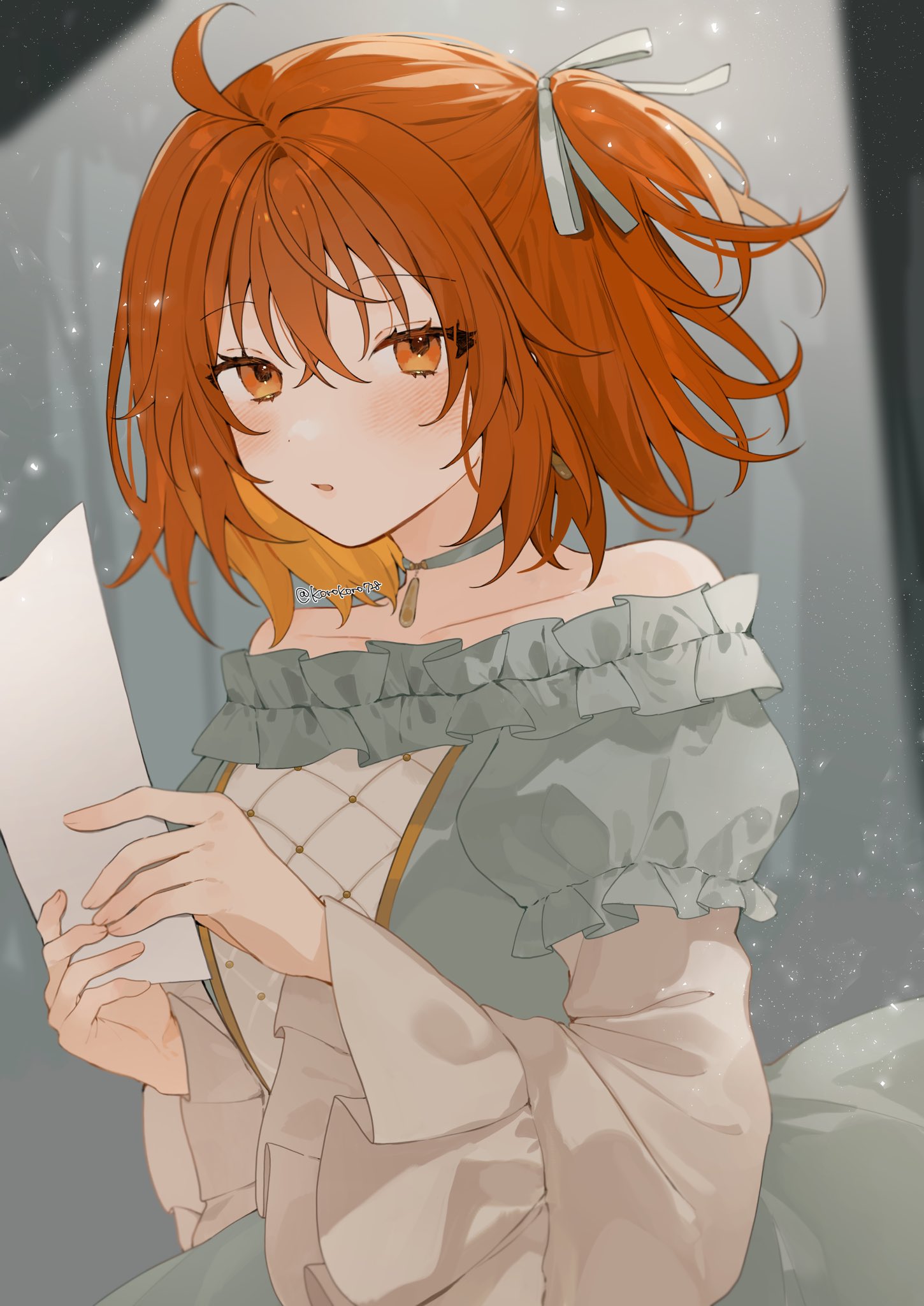 ahoge blue_dress collar dress fate/grand_order fate_(series) fujimaru_ritsuka_(female) highres holding holding_paper orange_eyes orange_hair paper romo827 side_ponytail spotlight