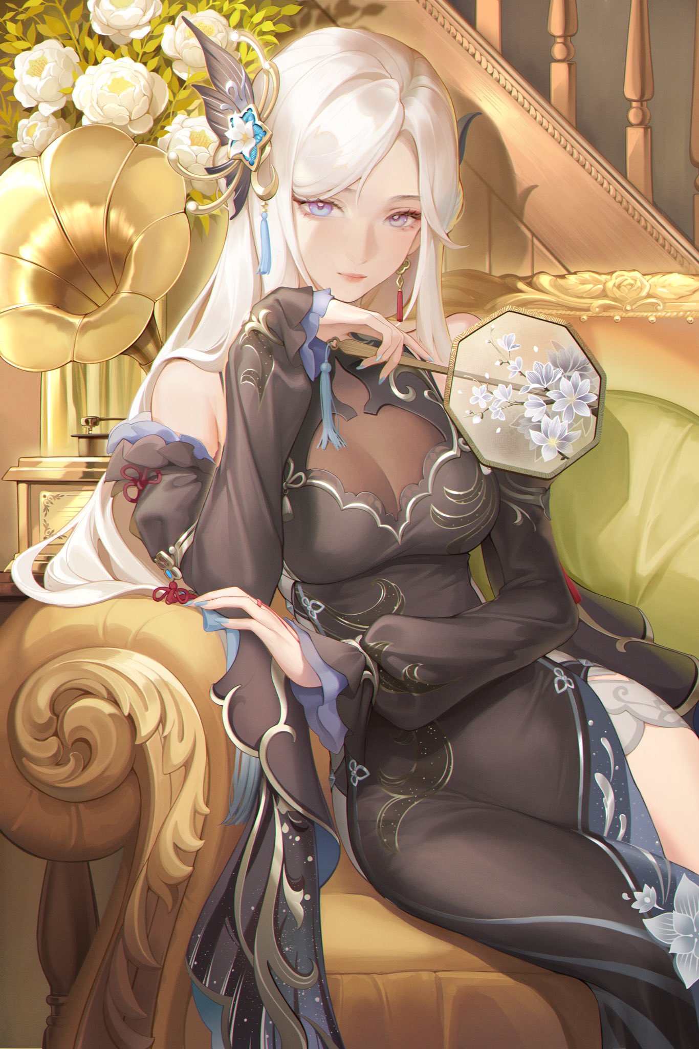 1girl arm_support black_dress black_sleeves blue_eyes blue_nails breasts cleavage couch detached_sleeves dress genshin_impact hair_ornament hand_fan hand_up highres holding holding_fan lips lipstick long_hair looking_at_viewer makeup medium_breasts minzu_u official_alternate_costume official_alternate_hairstyle on_couch phonograph plant potted_plant see-through see-through_cleavage shenhe_(frostflower_dew)_(genshin_impact) shenhe_(genshin_impact) sideless_dress sitting sleeveless sleeveless_dress solo very_long_hair white_hair