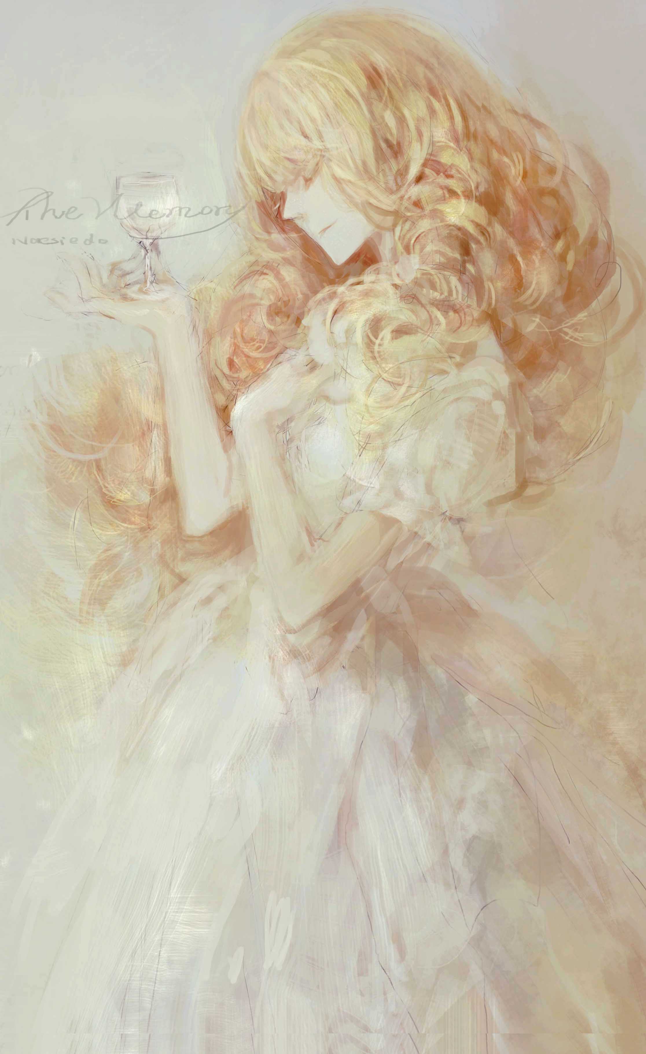 1girl absurdres blonde_hair closed_eyes closed_mouth commentary_request cup curly_hair dress drill_hair drinking_glass english_text highres holding long_hair naesthesia_(notmeansnot) original painterly pointy_nose signature smile solo white_dress wine_glass