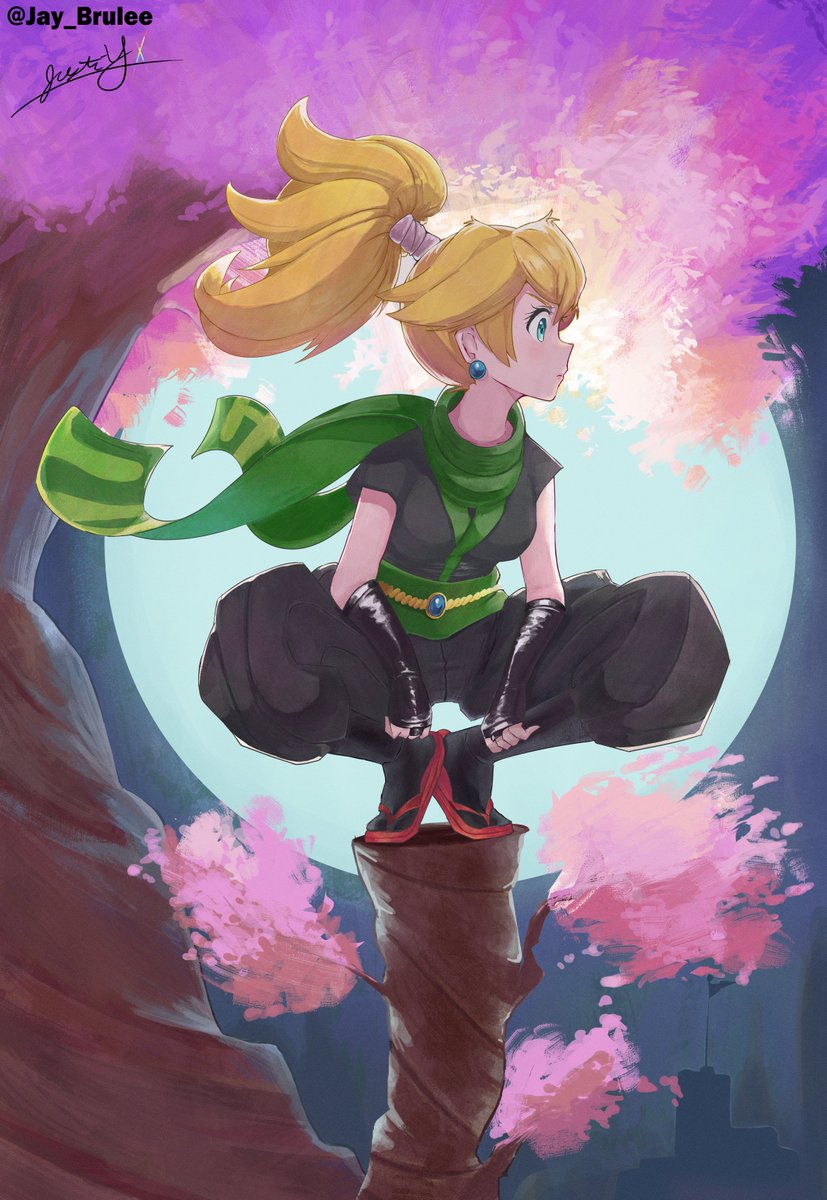 blonde_hair earrings green_sash green_scarf high_ponytail highres jewelry justin_yamagiwa long_scarf mario_(series) nakaue_shigehisa_(style) ninja ninja_peach princess_peach princess_peach:_showtime! sash scarf sitting_on_log sphere_earrings