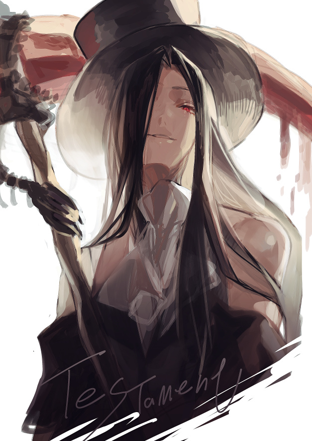 1other ascot bare_shoulders black_hair blood guilty_gear guilty_gear_strive hat holding holding_scythe hyakuhachi_(over3) long_hair looking_at_viewer other_focus red_eyes scythe solo testament_(guilty_gear) top_hat white_ascot