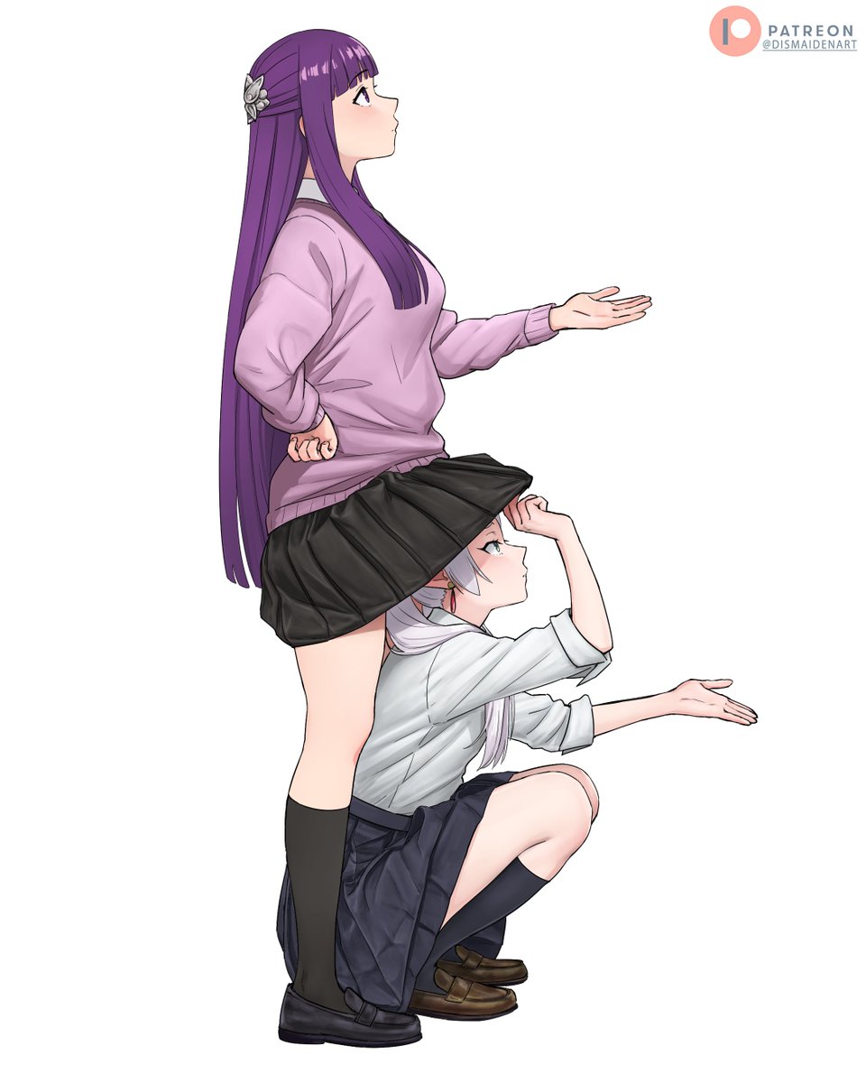 2girls alternate_costume black_skirt blunt_bangs blush breasts clothes_lift commentary contemporary dismaiden elf english_commentary fern_(sousou_no_frieren) frieren highres lifting_another's_clothes long_hair long_sleeves miniskirt multiple_girls pleated_skirt pointy_ears purple_eyes purple_hair purple_sweater school_uniform shirt sidelocks simple_background skirt skirt_lift sousou_no_frieren sweater taking_shelter twintails white_background white_shirt