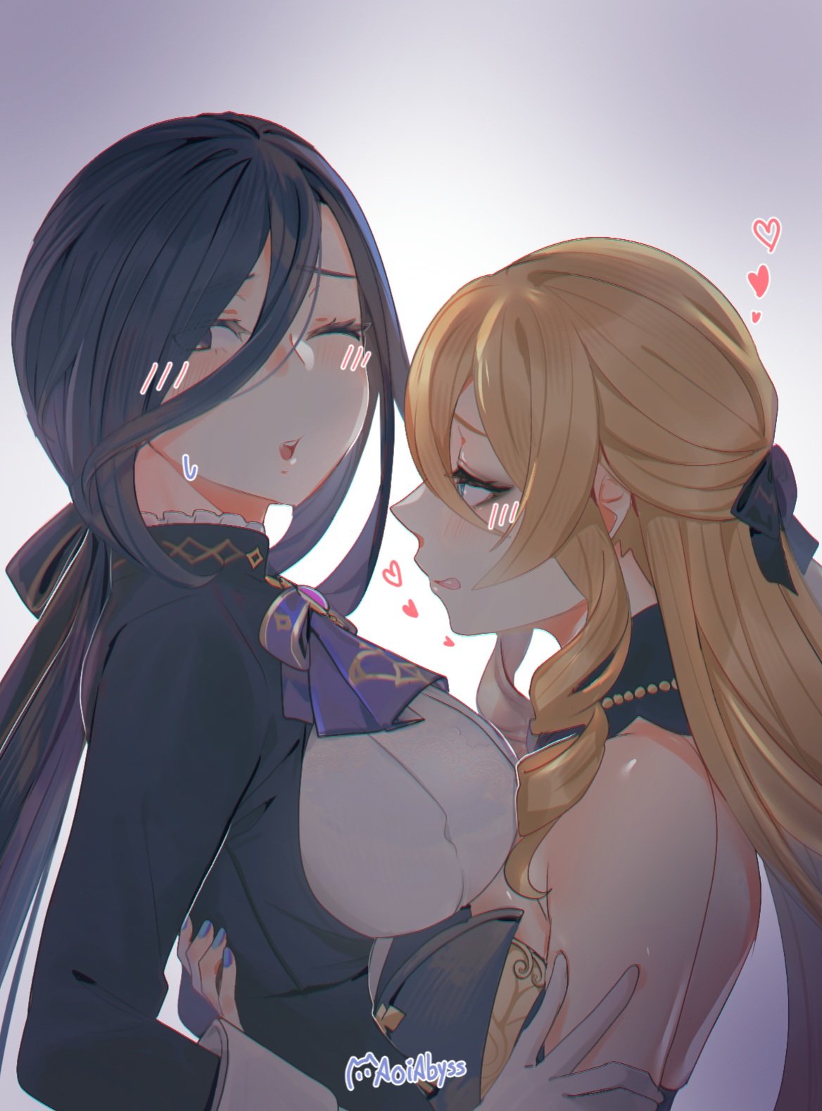 2girls :p aoiabyss ascot bare_shoulders black_hair black_shirt blonde_hair blue_eyes breasts clorinde_(genshin_impact) commentary genshin_impact grey_background highres large_breasts long_hair long_sleeves multiple_girls navia_(genshin_impact) no_headwear open_mouth purple_ascot shirt tongue tongue_out upper_body very_long_hair yuri