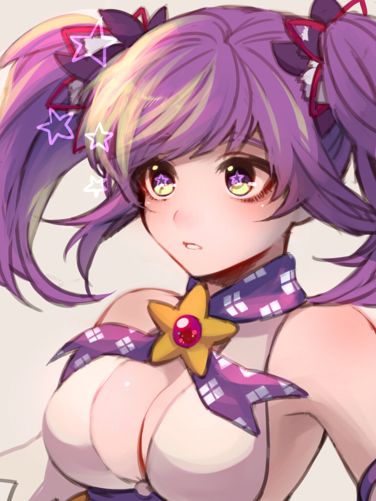 aisha_(elsword) bad_id bad_pixiv_id battle_magician_(elsword) breasts brooch cleavage detached_collar elsword jewelry medium_breasts purple_eyes purple_hair short_hair solo star star-shaped_pupils symbol-shaped_pupils twintails upper_body yukibi_(ykb)