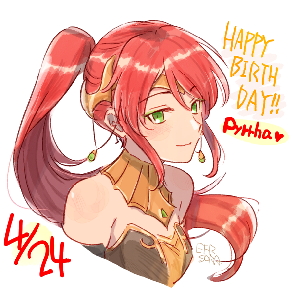 1girl bare_shoulders character_name circlet dated diadem earrings forehead_protector green_eyes happy_birthday heart jewelry long_hair ponytail pyrrha_nikos red_hair rwby simple_background smile solo sora_(efr) white_background
