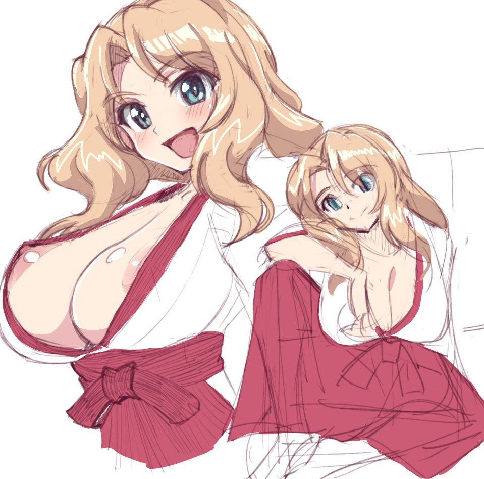 1girl :d areola_slip blonde_hair blue_eyes blush breasts girls_und_panzer hanging_breasts japanese_clothes kay_(girls_und_panzer) kin-san_(sasuraiga) large_breasts long_hair miko parted_bangs sidelocks simple_background sketch smile white_background